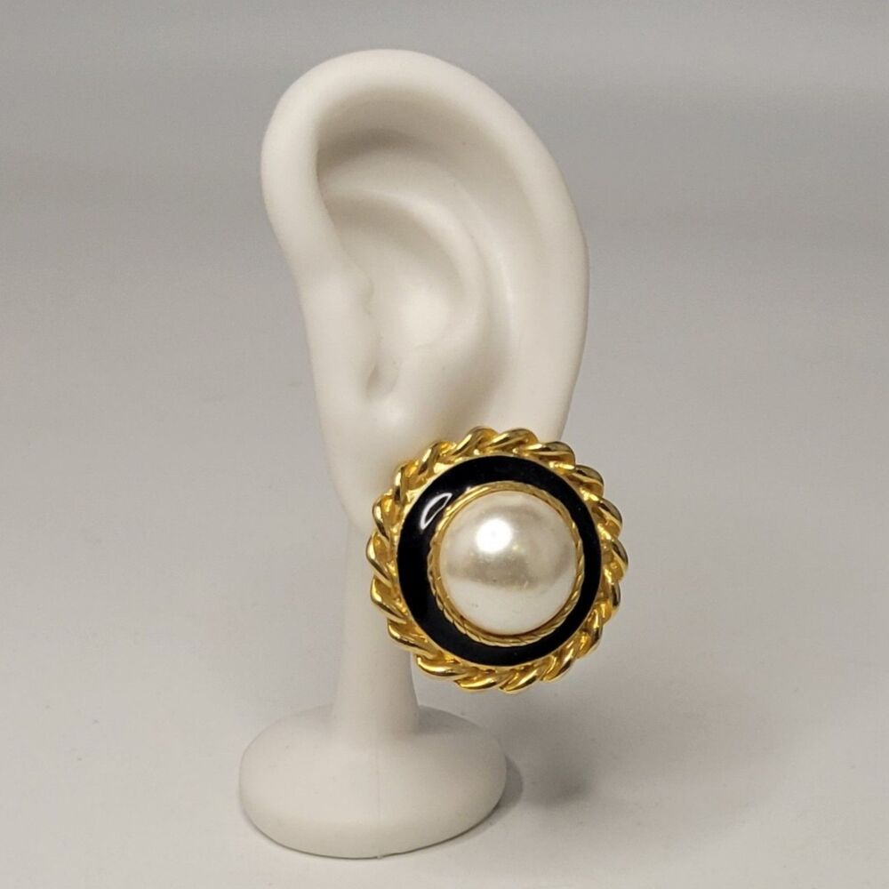 Gold Tone Black Pearl Clip On Earrings